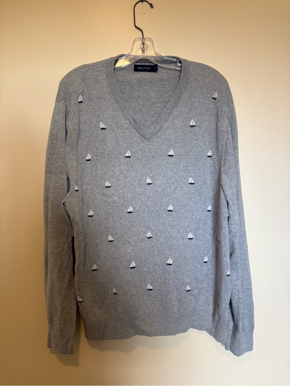 Nautica Men's Heather Gray V-Neck Sweater with Sailboat Motif 100% Cotton XL
